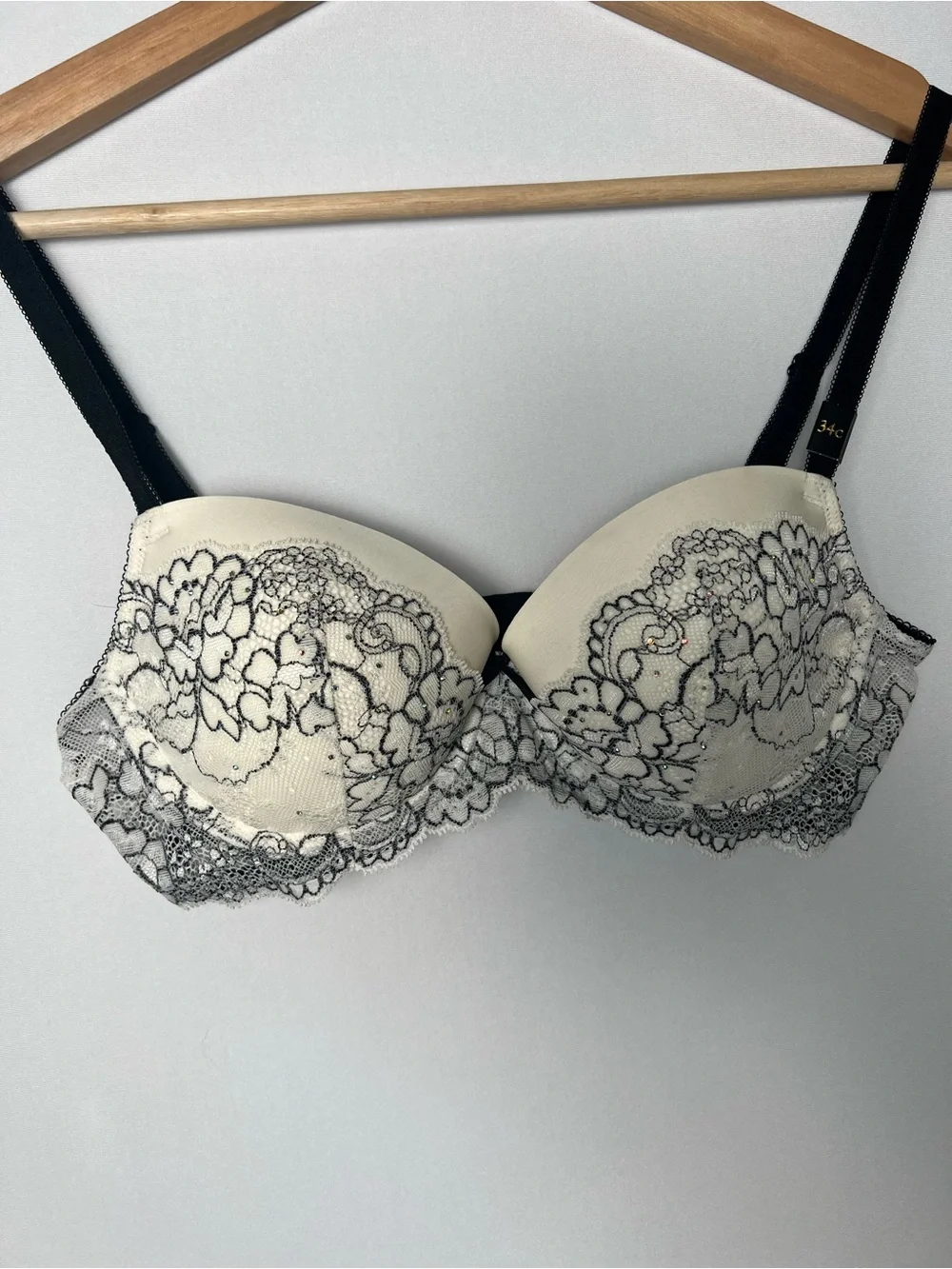 Victoria’s Secret NWT Dream Angels Lined Demi Bra Lace Rhinestone Blk Cream 34c